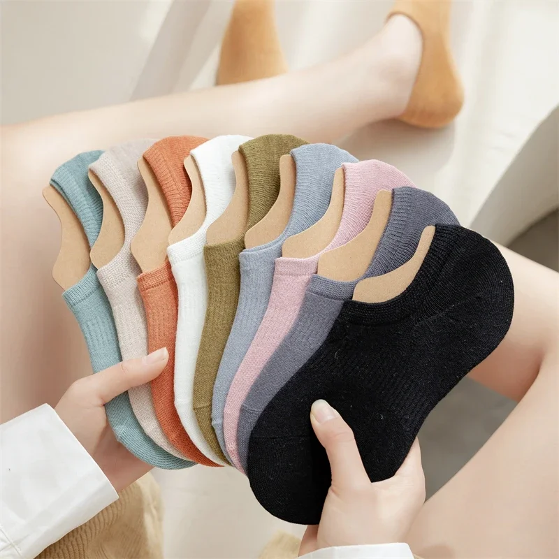 5 Pairs/Lot Women's Socks Cotton Summer New Solid Color Invisible Low Cut Socks Female Multipack Plain No Show Socks Anti-slip