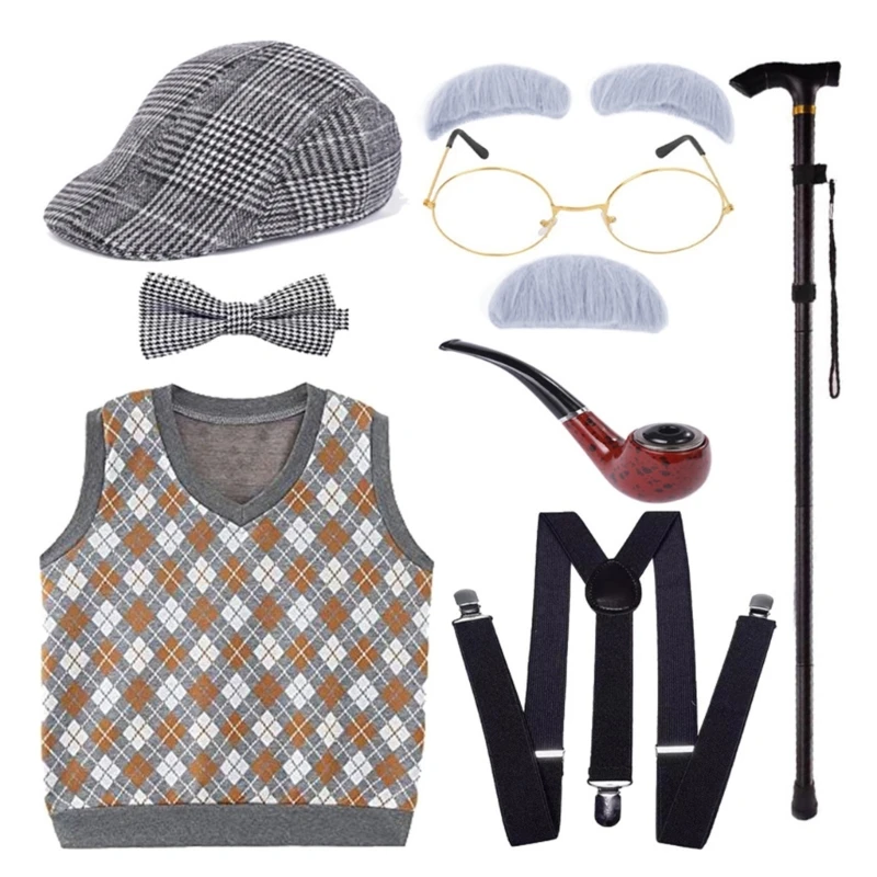 100 Days Of School Halloween Grandpa Costume Set Old Man Costume Set Hat Glasses Mustache and Eyebrows for Kids Boys