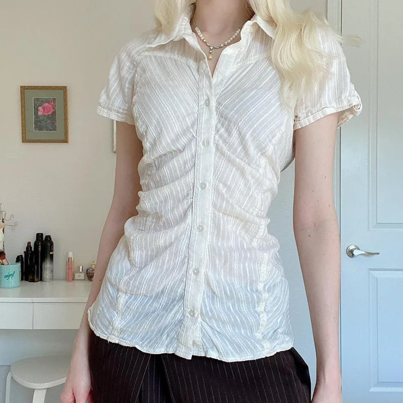 Cute White Collared Short Sleeve Top for Women Breathable Textured Fabric with Front Buttons Slim Silhouette Perfect for Office