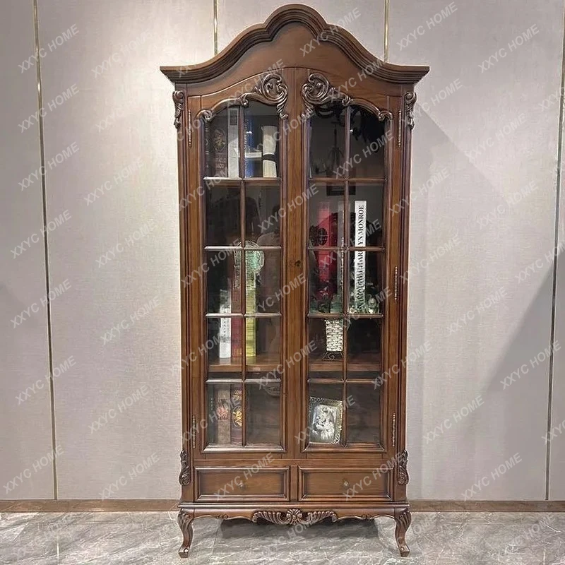 

A Retro Bookshelf Solid Wood Carved Living Room Bookshelf Vintage Display Storage Rack Light Luxury Modern