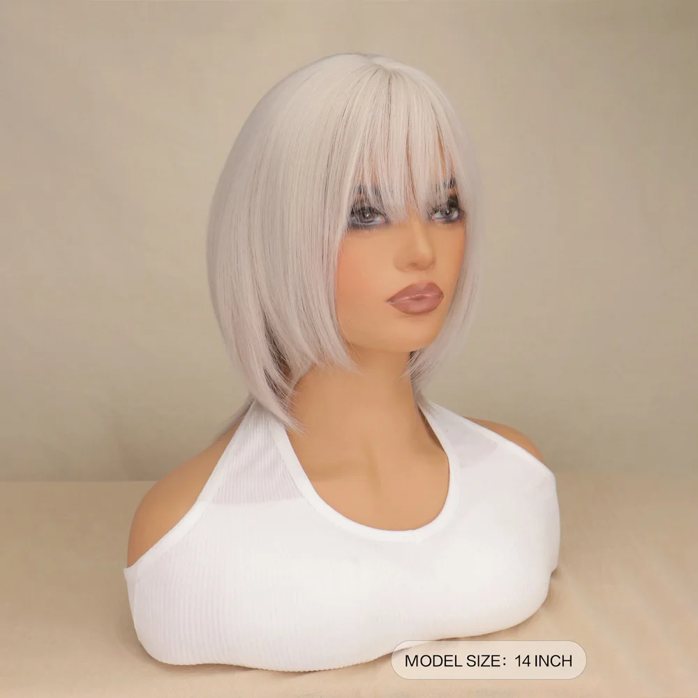 SuQ Bob Wigs Silver Ash Gray Synthetic Wig Short Wave Natural Wig for Women with Bangs Daily Heat Resistant Cosplay Hair