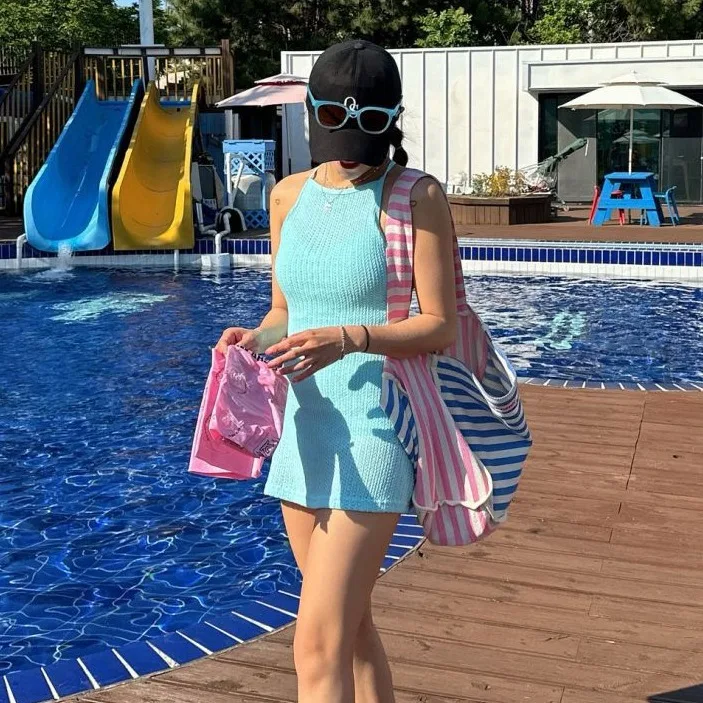 

Retro Knit Solid Color Modest Swim Dress with Elegance for Women Vintage Inspired Conservative Bathing Suit for Pool Beach Wear