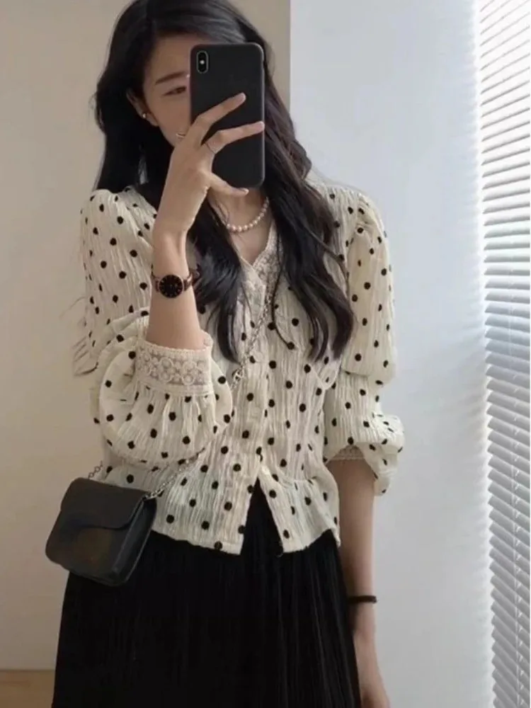 Korean Skirt Sets Vintage Two Piece Suit Women's Clothing Patchwork Lace Polka Dot Shirt Ling Sleeve High Waist Skirts Outfits