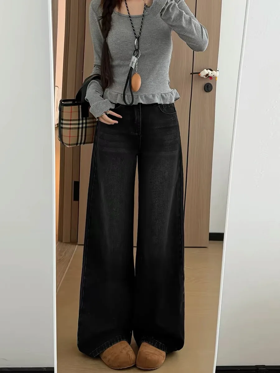 

Slimming Straight Leg Denim Jeans High Waist Wide Leg Pants Women's Summer New Style Loose Fit Small Size Drapey Black Grey