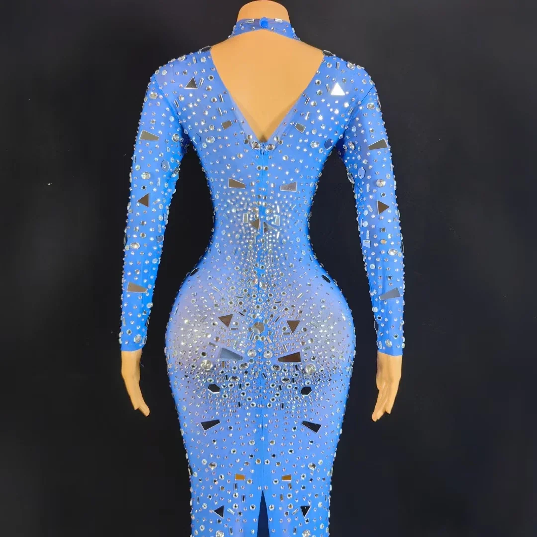 Длинное платье с синими бриллиантами, роскошное праздничное платье со стразами, сценический костюм, женское модное облегающее платье