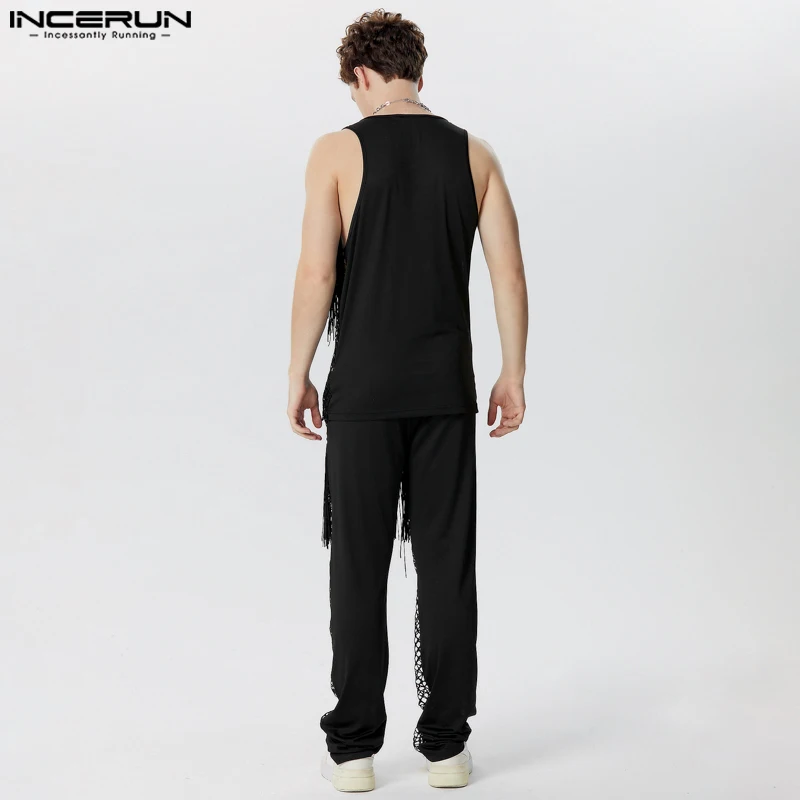 INCERUN Men Sets Mesh Tassel Patchwork Hollow Out Transparent Sleeveless Tank Tops & Pants 2PCS Streetwear 2024 Men Suits S-5XL