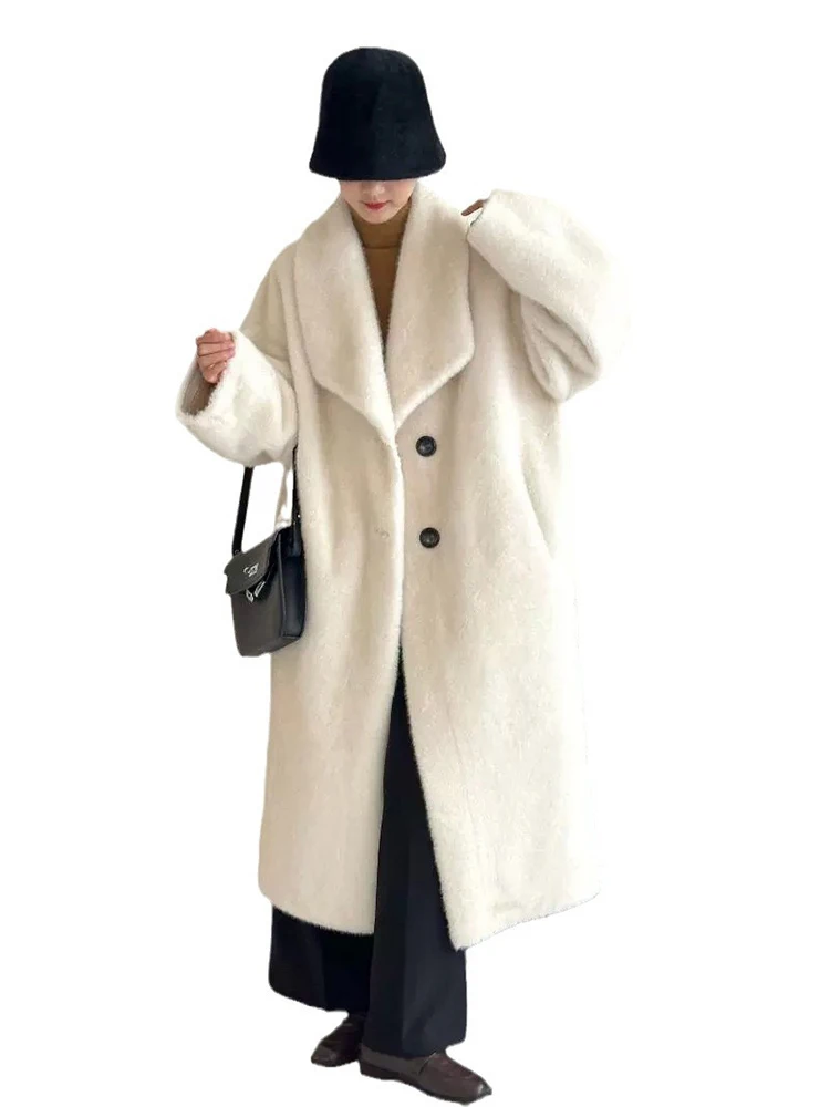 LANMREM Elegant Imitation Mink Coat For Women Lapel Single Breasted Solid Color Long Coats 2024 Winter New Clothing 2Z2628