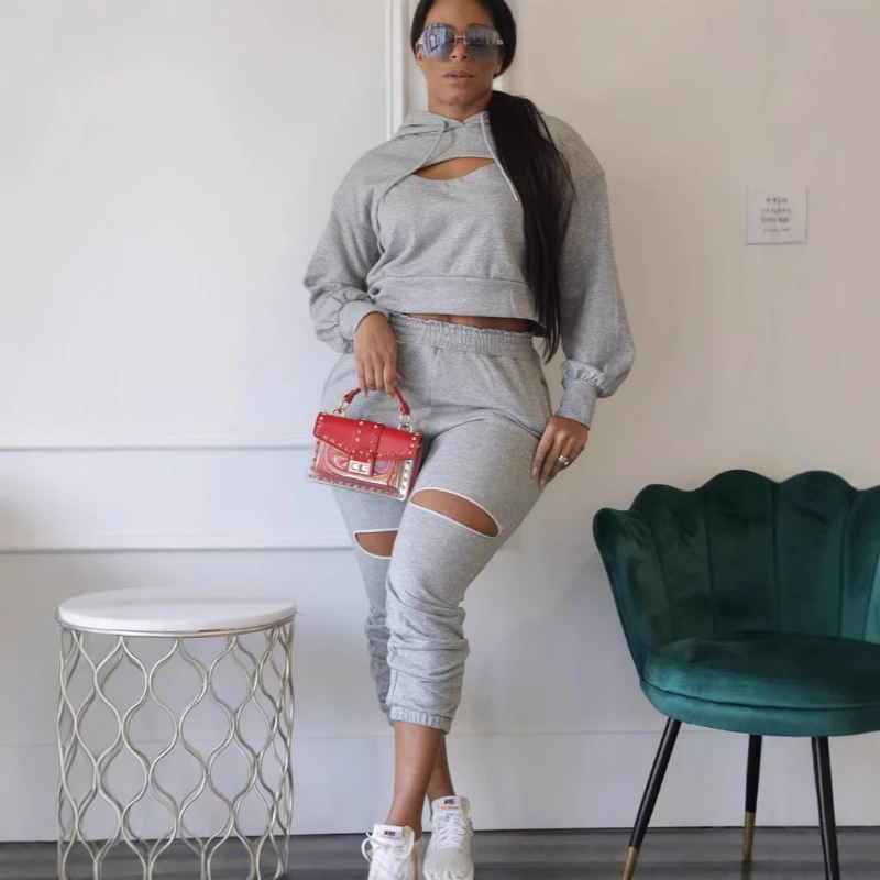 

Sweatshirt Pant Sets Women Two Piece Hooded Full Sleeve Pullovers Drawstring Pants Hollow Spliced Casual Sporty Autumn