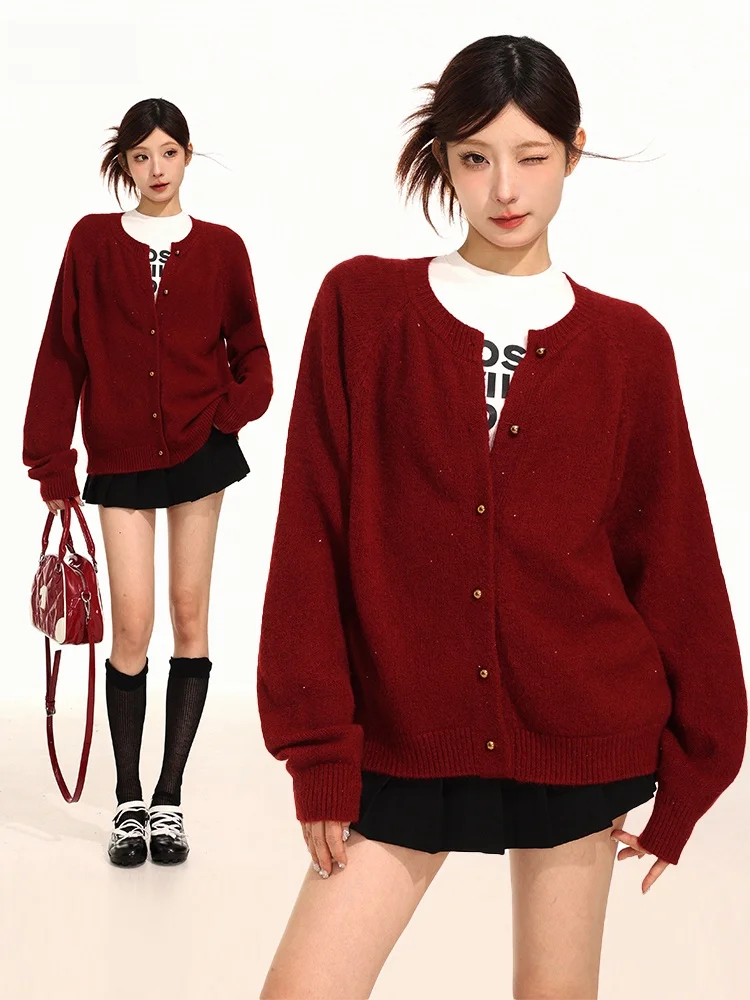 

Red Knitted Open Cardigan Women's Loose Fit round Ne Autumn Winter Outerwear iyue Lazy Vintage Sle ort Sve Top
