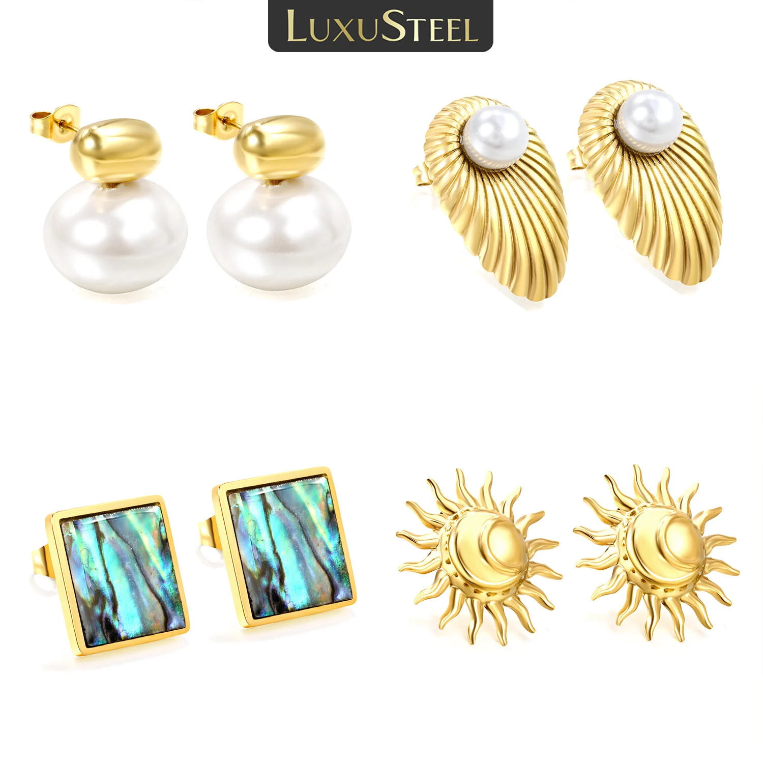 LUXUSTEEL 2pc/1pair Imitaiton Pearl Earring Sun moon Stud Earrings Golden Stainless Steel Women\'s Earring Jewelry Accessories