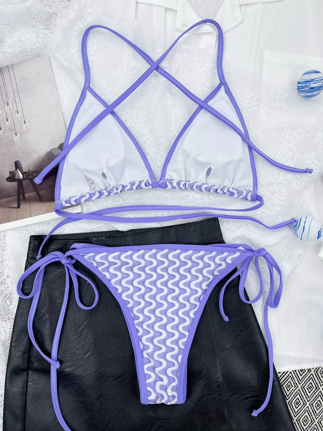 Purple Wave Print Bikini 2023 Sexy Triangle Cup 2 Piece Swimsuit V-neck Suspender Tankini Women Lace Up Beach Bathing Suit LG42