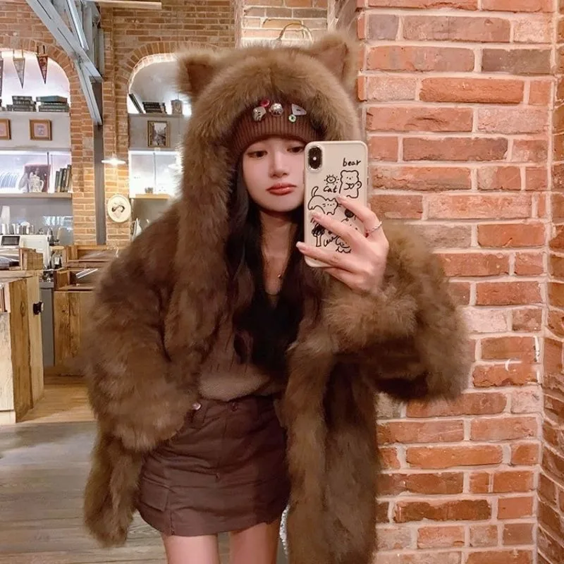 Women's Coat 2025 Autumn/Winter New Fox Fur Grass Coat Women Hoodie Cute Cat Ears Imitation Loose Solid Color Fur Coat Thickened