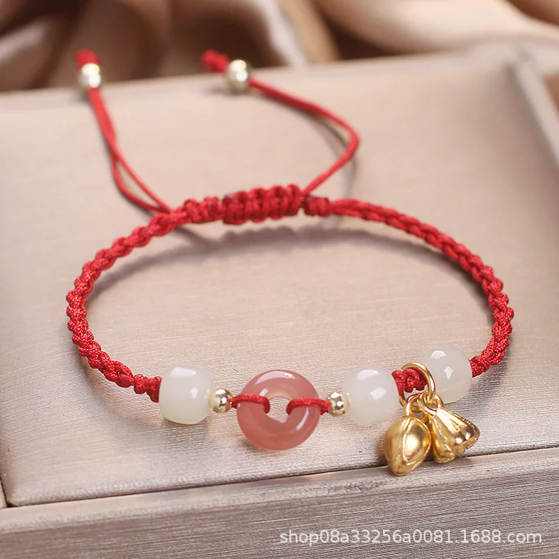 Hetian Jade Safety Buckle Two Lives Joy Bracelet Handwoven Ancient Style Bracelet for Women Autumn Design Gifts