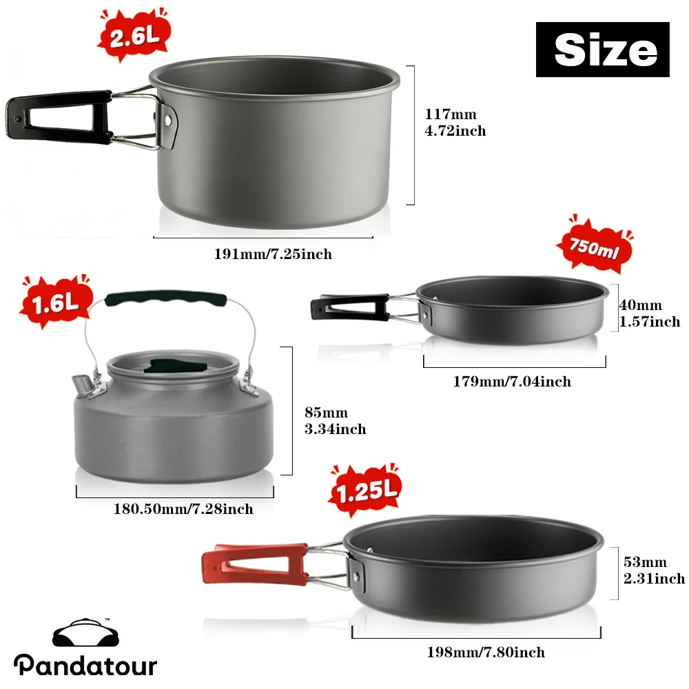 Pandatour Camping Cooking Aluminum Outdoor Travel Tableware Non-Stick Pots Assorted Folding Tourism Cooker Cookware Equipment