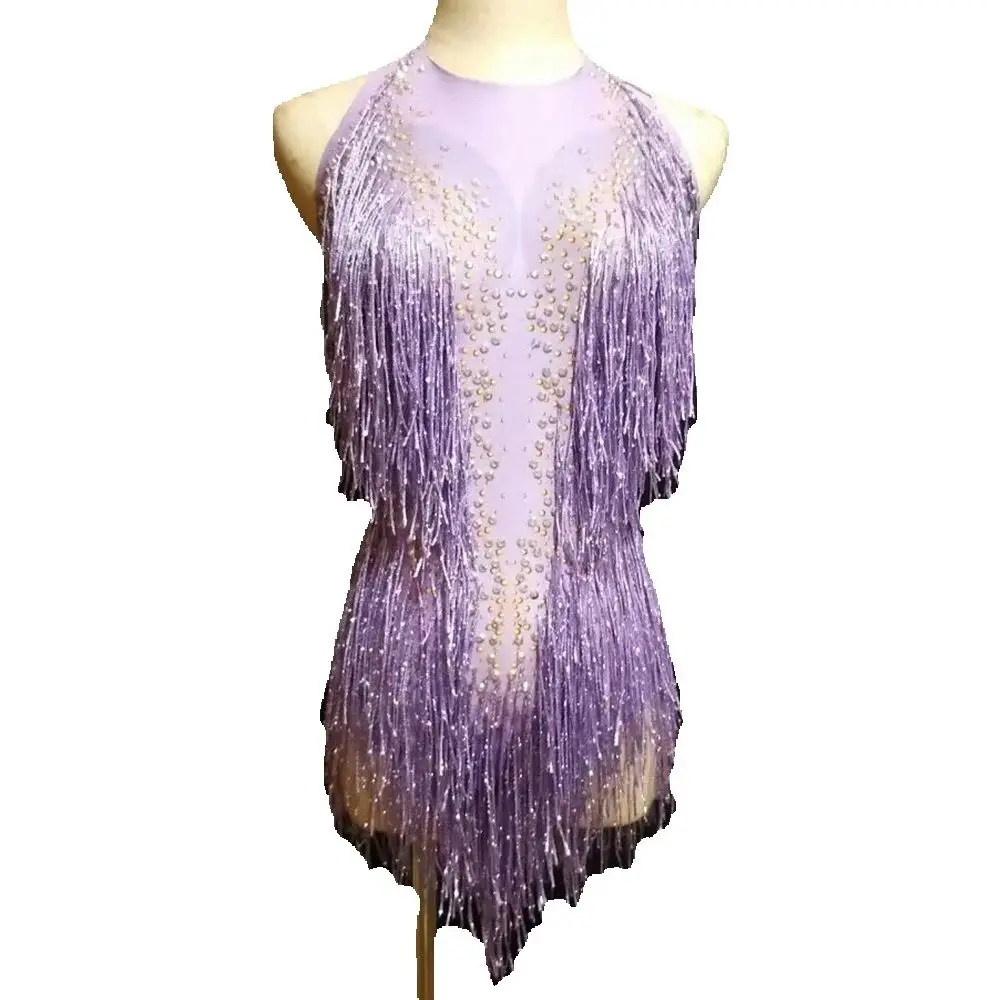 

Purple Glitter Rhinestones Women Bodysuits Fringe Sleeveless Nightclub One-Piece Dance Leotard Wear Drag Queen Costume