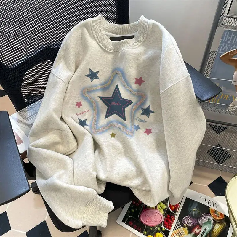 

Fashion Cartoon Pattern Casual Sportswear Women's Spring And Autumn Loose Top Gray Round Neck Pullover