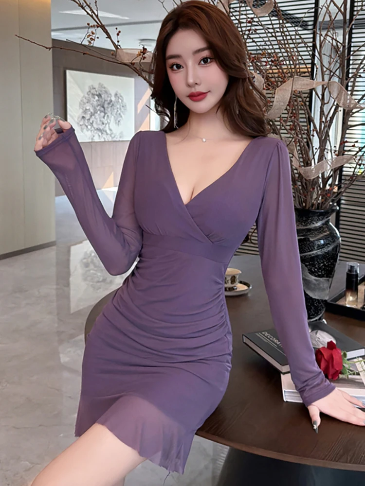 الخريف الشتاء الأرجواني شبكة طويلة الأكمام الخامس الرقبة فستان مثير المرأة أنيقة شيك كشكش فستان قصير 2025 الكورية Bodycon فستان عيد ميلاد