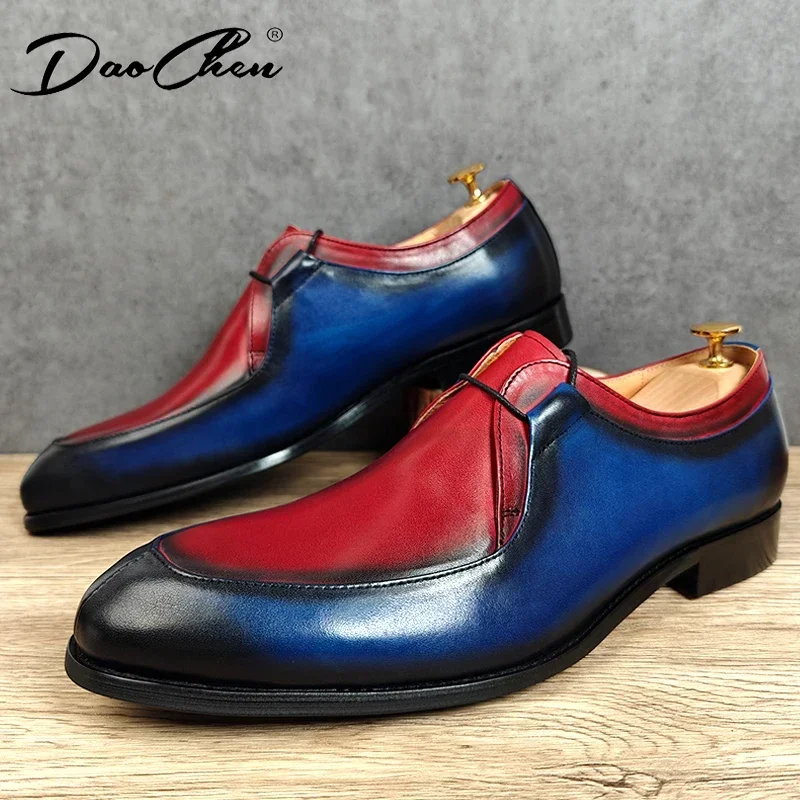 Luxury Brand Men Derby Shoes Genuine Leather Scarlet Navy Two-Tone Lace up Formal Casual Shoes Wedding Office Mens Shoes