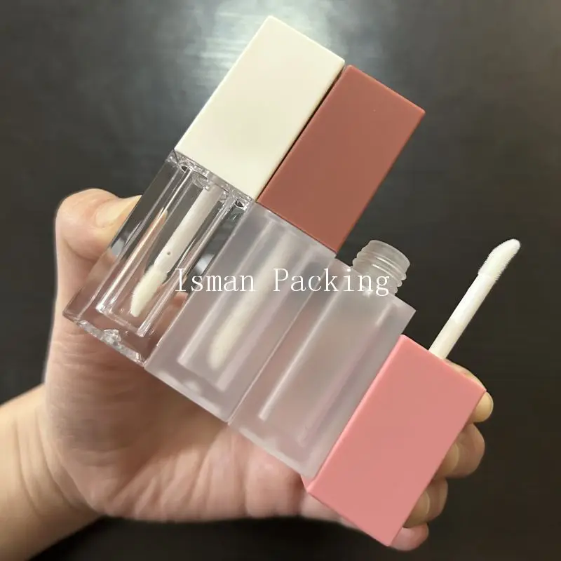 

50Pcs Refillable empty luxury clear frosted pink red white lipgloss packaging square lip gloss bottle tubes with wands 5ml