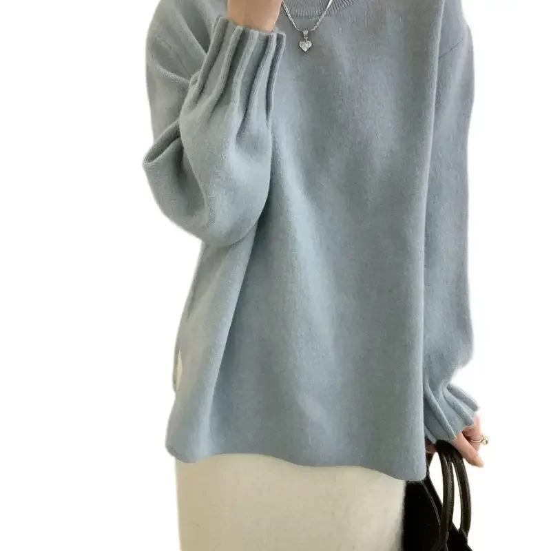 

Women's Fashion Autumn Winter New Arrival from China Loose Crew Neck Knitted Sweater Pure Color Base Layer Pullover