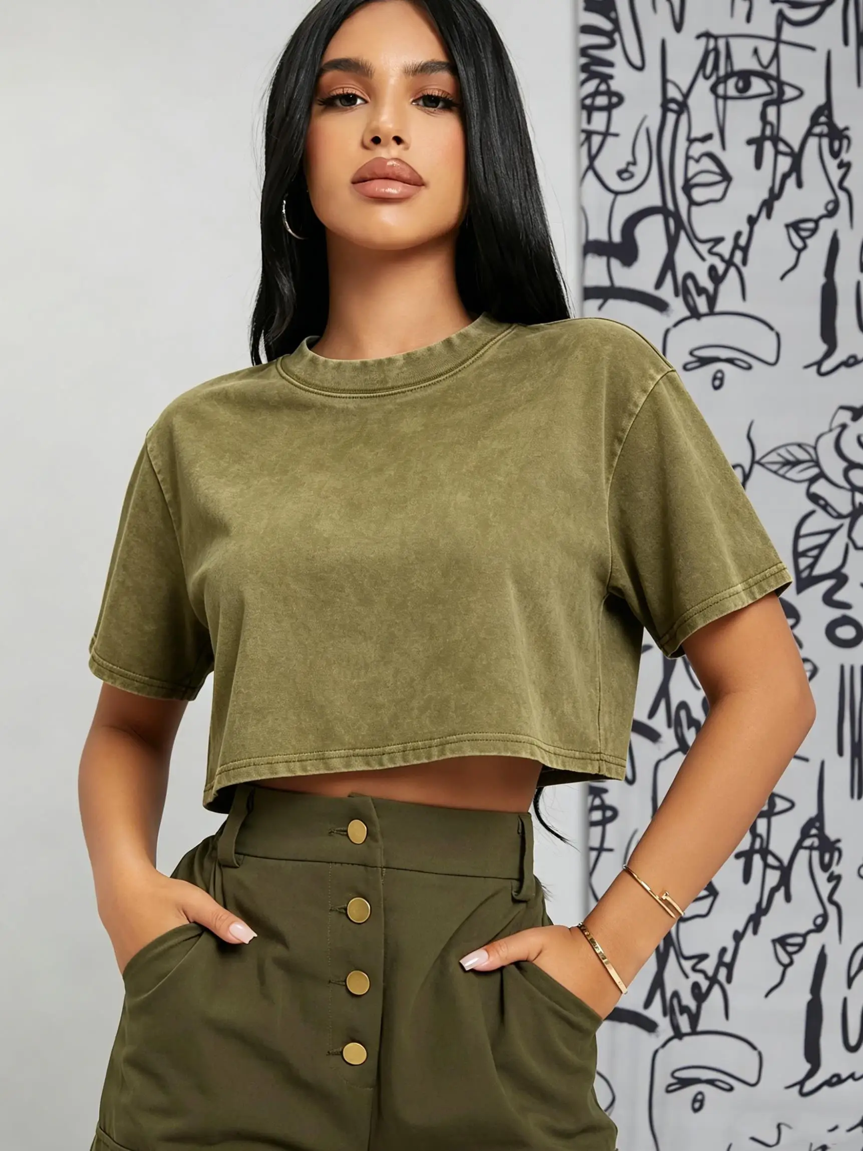 Sommerliches, einfarbiges, gewaschenes Baumwoll-T-Shirt für Damen, Sportliches O-Neck-Kurzarm-T-Shirt, cooles Retro-Crop-Top für Damen, trendige, weiche Kleidung