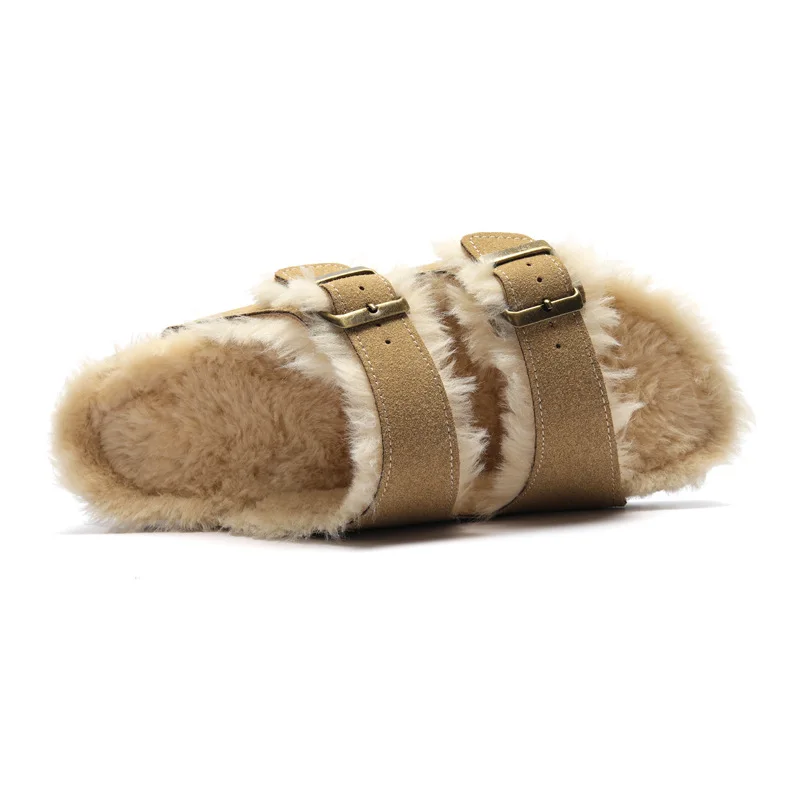 VENTACT Big Size 44-45 New Cork Sandals With Fur Warm Wear Artificial Fleece Outdoor Shoes Casual Double Buckle Clogs Slippers