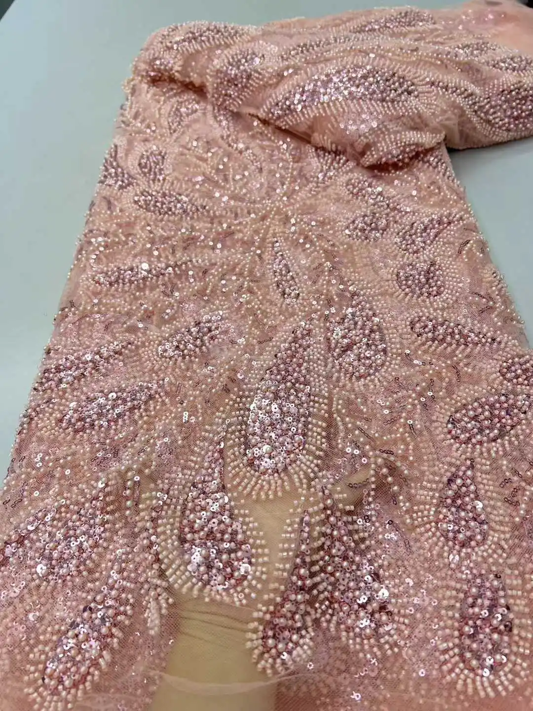 

African Lace French Beads Fabric 2025 Embroidery Tulle Lace Fabrics With Sequins For Nigereria French Wedding Party Dresses
