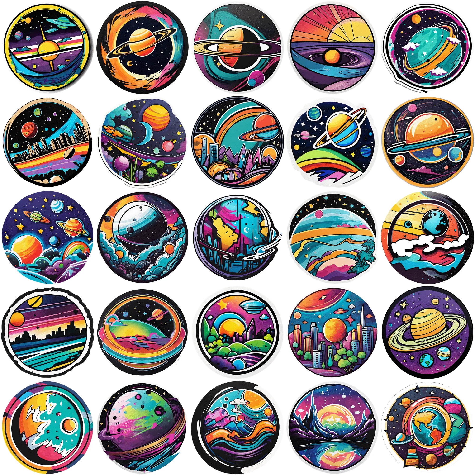 50 pieces of planet graffiti circular stickers Whimsical and Colorful 50 Pieces Stickers for Decoration