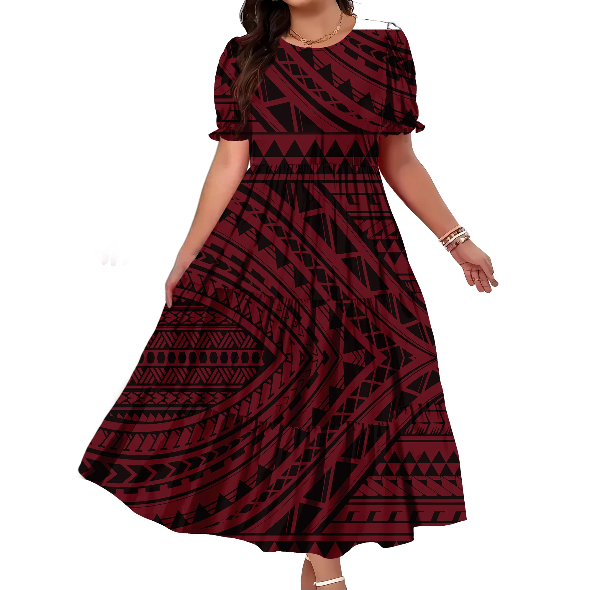 

Summer Samoan Polynesian Printed Long Dress Puffed-Sleeve Elegant And Loose Dress Comfortable Women'S Dress