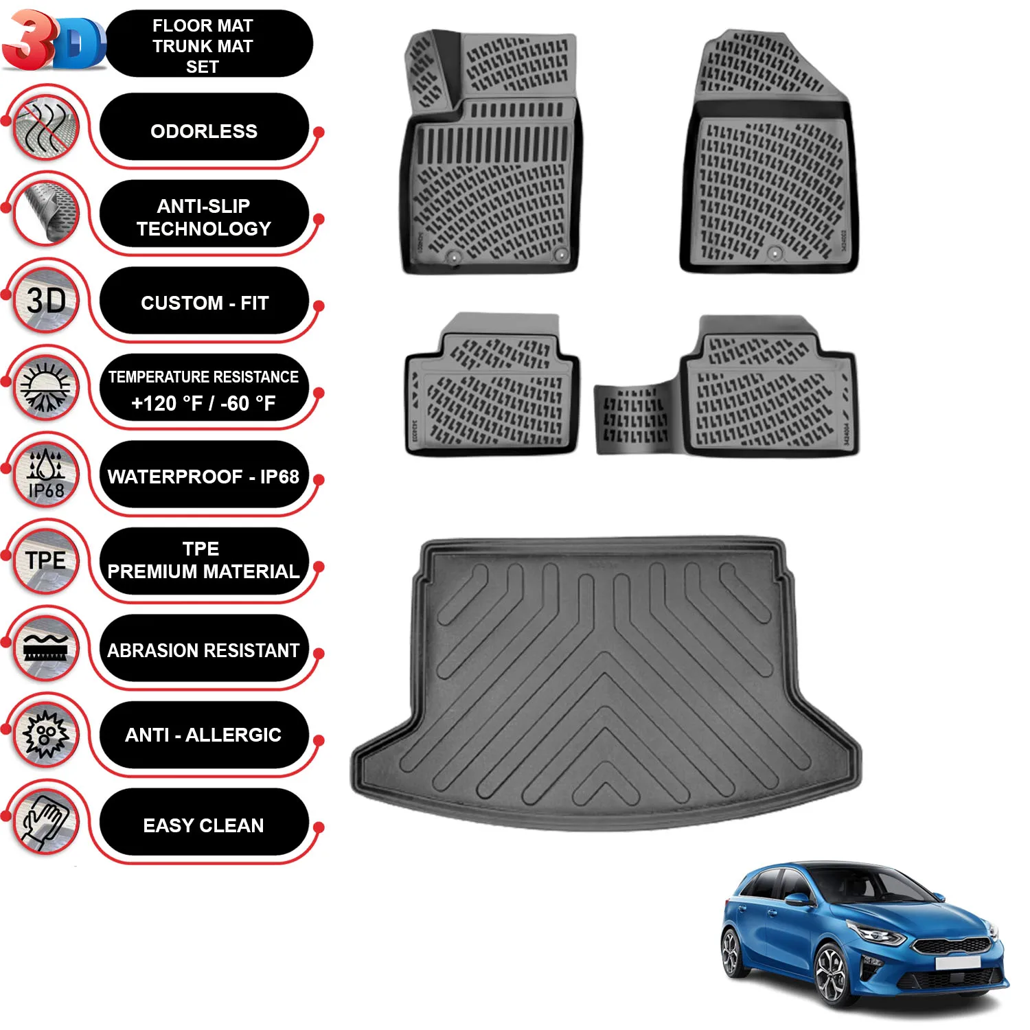 

Kia Ceed - (2017-2023) - Floor Mats + Cargo Trunk Liner - SET - (Black)