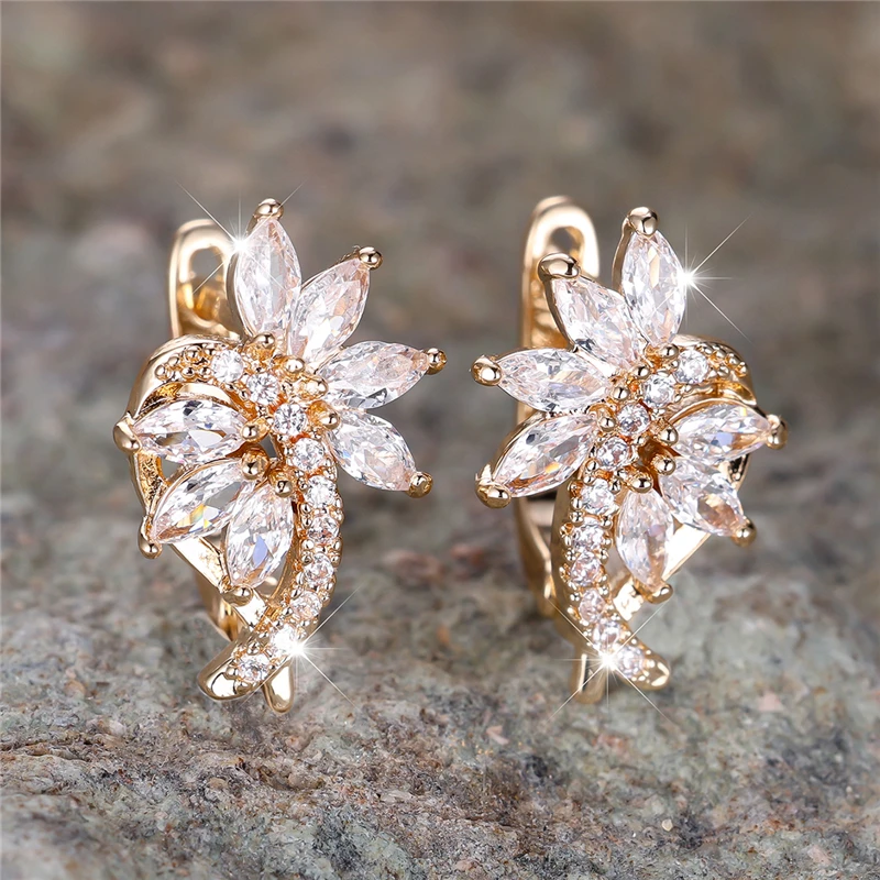 Cute White Zircon Stone Flower Hoop Earrings For Women Charm Female Gold Color Wedding Jewelry Gift