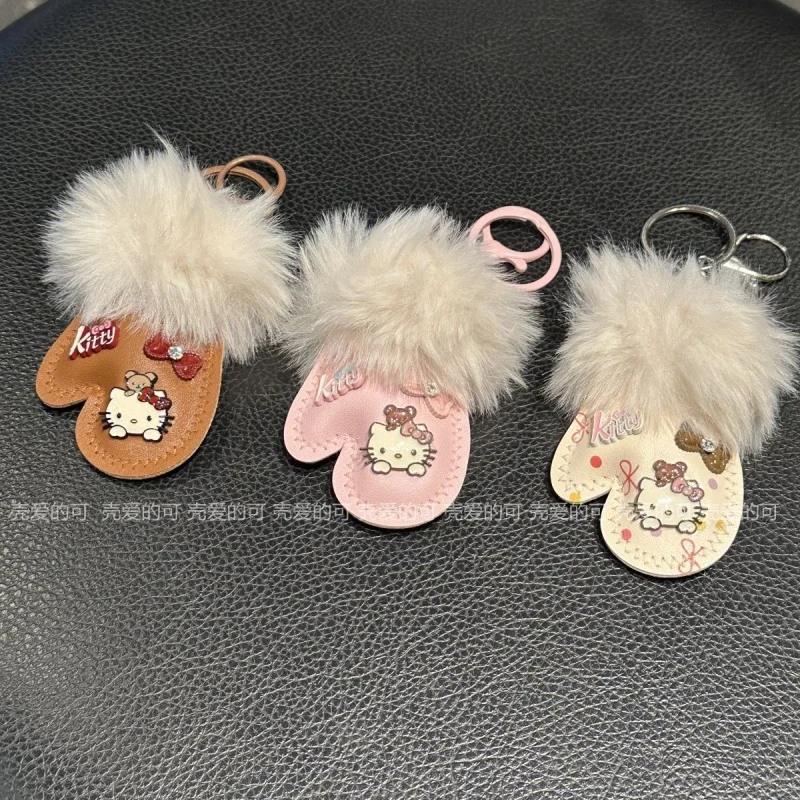 Sanrio Hello Kitty Plush Pu Material Gloves Shape Bow Lobster Clasp Keychain Girl Commuter Bag Decoration Valentine's Day Gift