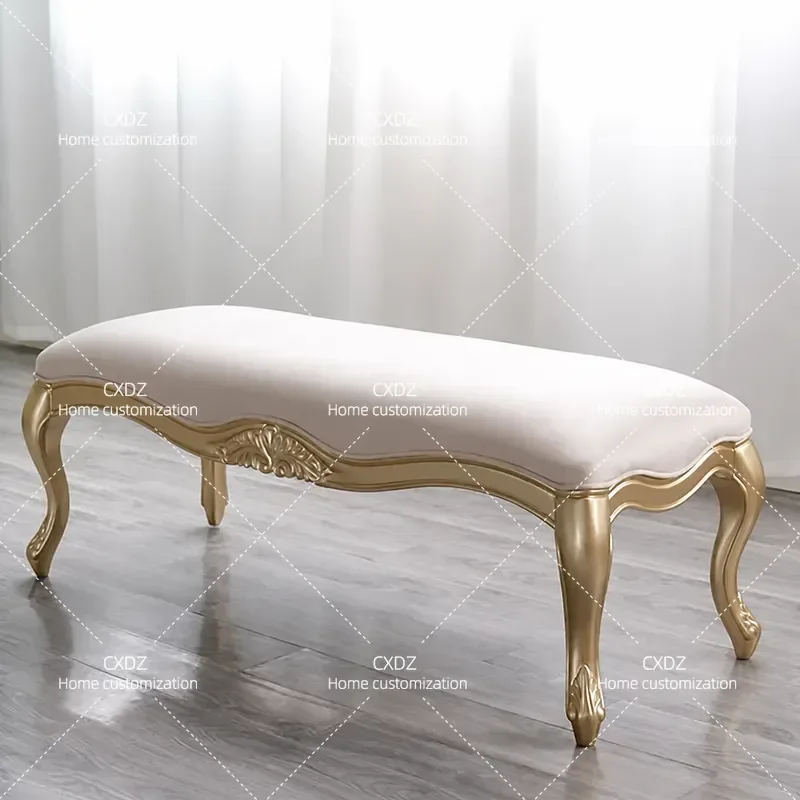Light Luxury Solid Wood Carved Flower Bedside Stool Small Apartment Living Room Foyer Shoe Change Bench European Style