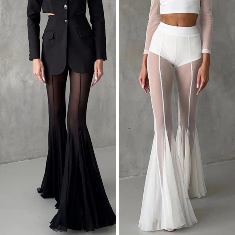Women Summer Hollow Out Wide Leg Pants Fashion See Through Slim Fit Flared Trousers Lady Elegant Chiffon Mesh Holiday Clubwear