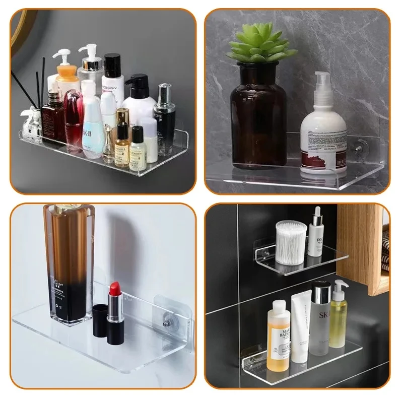 1pc Clear Acrylic Storage Rack Wall Mounted Book Floating Shelf Makeup Display Stand Holder Bathroom Kitchen Organizer