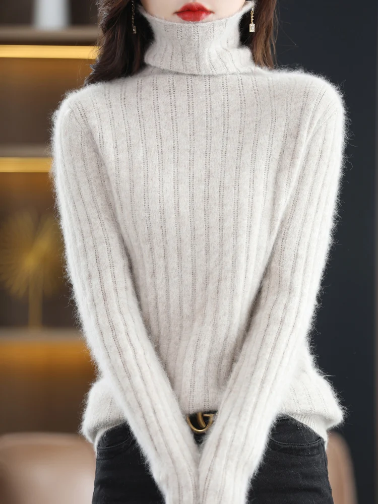 2024 New Women 100% Mink Cashmere Sweater Turtleneck Casual Pullover Autumn Winter Soft Warm Jumpers Vertical Stripe Knitwear