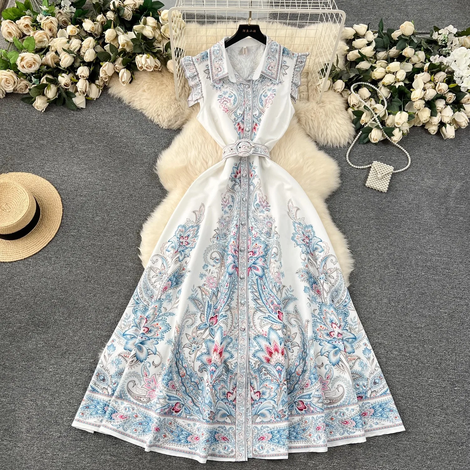 2024 Vakantie Paisley Print Lange Jurk Dames Revers Mouwloze Single Breasted Bloemenprint Riem Maxi Robe Party Vestidos 6363