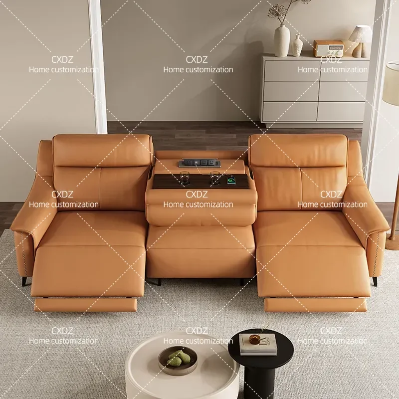 Leather sofa first layer cowhide Italian retractable single double three-person electric seat straight row multi-functional