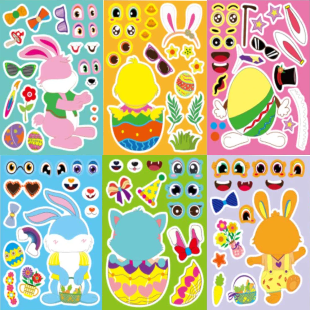 

8/16sheets Cute Cartoon Easter Bunny Puzzle Stickers Rabbit Chick Egg Make A Face Decals DIY Assemble Education Jigsaw Toy Gifts