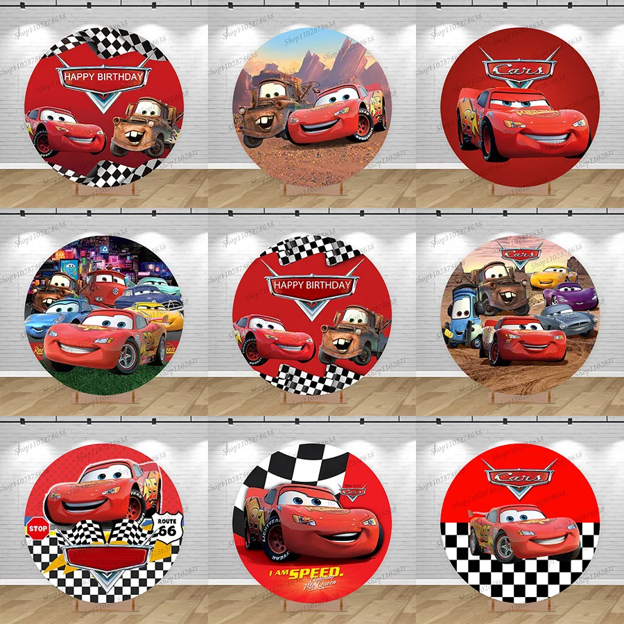 

Круглый фон с изображением Молнии Маккуина, красные гоночные машины, круглая накладка для декора на детский праздник или день рождения мальчика