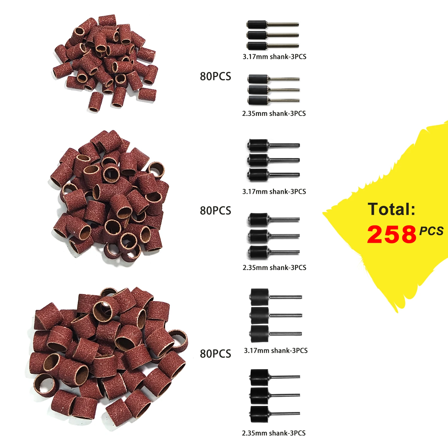 

258pcs Sanding Drums Kit 120 Grit Sandpaper with Sanders Mandrels For Dremel Sanding Bands Bits Rotary Tool Accessories