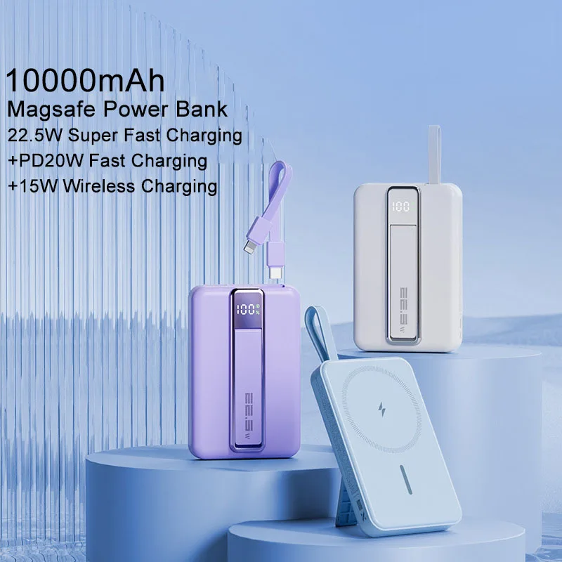 Power Bank 10000mah Portable Charger 22.5W 15W Magnetic Wireless Charger Powerbank for iPhone Xiaomi Huawei Poverbank With Cable