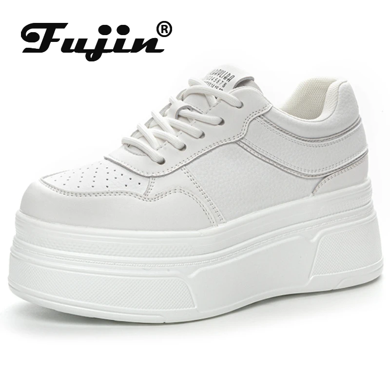 

Fujin 7cm Genuine Leather Platform Wedge Skate Board Thick Soled Spring Autumn Fashion Chunky Sneaker White Casual Comfy Shoes