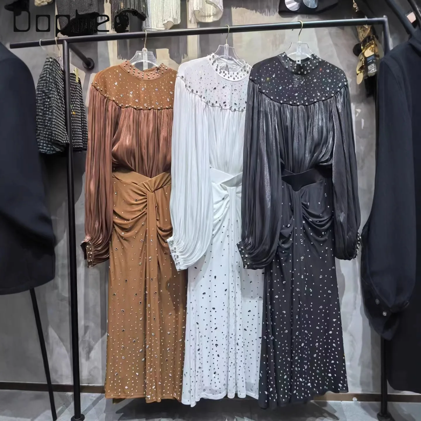 

French Style Heavy Embroidery Rhinestone Mesh Patchwork Long Sleeve Top High Waist Rhinestone Mid-Length Skirt Two-Piece Set