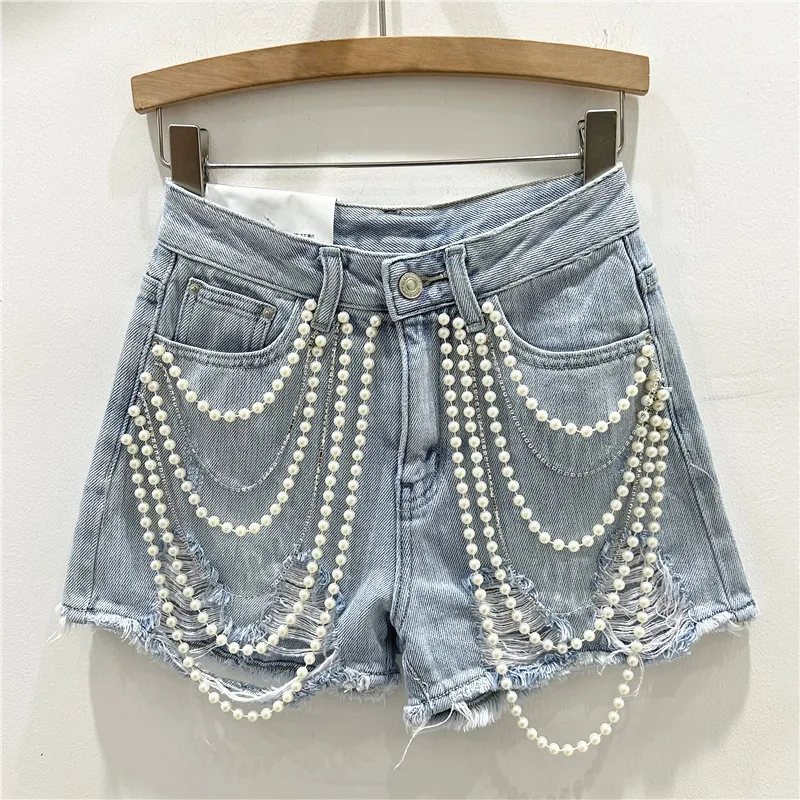 Ripped Holes Distressed Jean Denim Shorts Washed Jeans High Waist Chains Spliced Casual Pockets Loose Streetwear Summer 2025