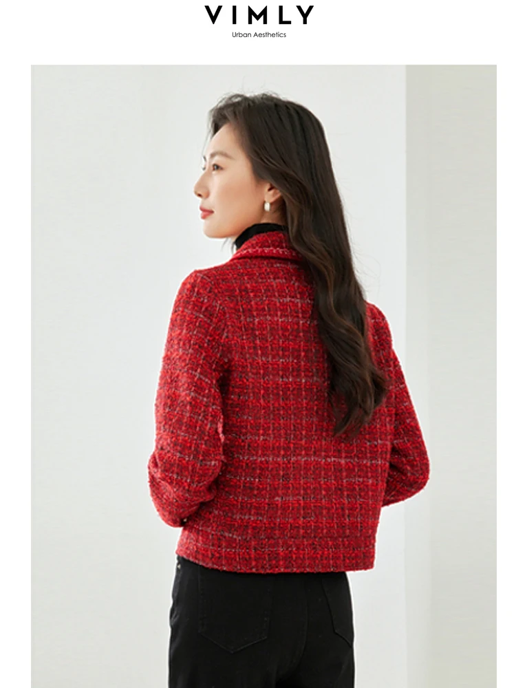 Vimly inverno vermelho tweed jaquetas para mulheres senhora do escritório 2023 trabalho negócios outerwear manga longa lapela em linha reta casaco