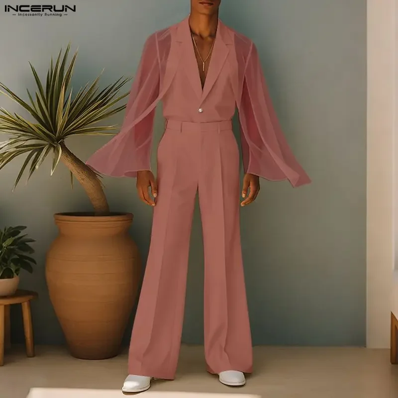 

INCERUN мужские комплекты шифоновый лоскутный прозрачный пиджак с длинными рукавами и брюки комплекты из двух предметов уличная мода мужские повседневные костюмы