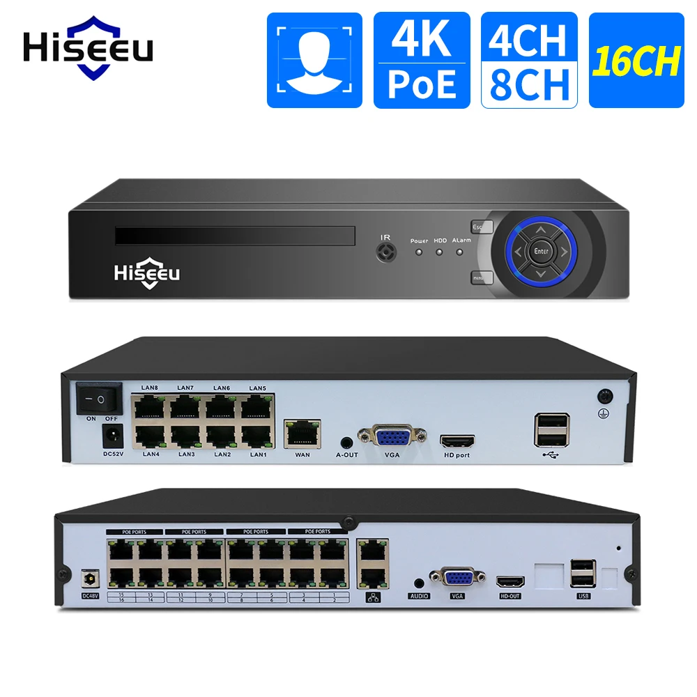 hiseeu h265 8ch 16ch 4mp 5mp 8mp 1080p 4k poe nvr gravador audio bidirecional vigilancia de seguranca domestica nvr para camera ip poe cctv 01