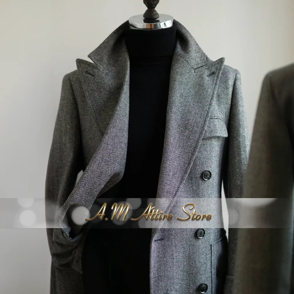 Men's Wool Jacket Dark Gray Herringbone Pattern Double Breasted Coat for Outdoor Wedding Prom Party Made to Measure