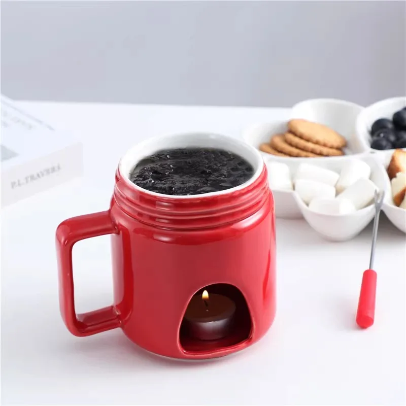 Crerative Ceramic Chocolate and Cheese Fondue Maker Fondue Mug Set with Dipping Forks Melting Pot Furnace